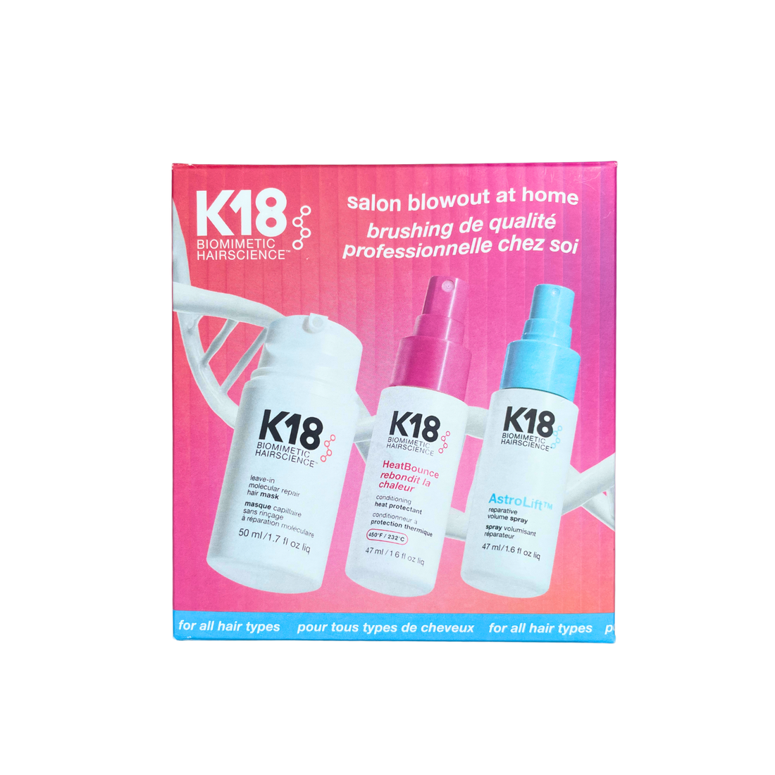 Ensemble Printemps Mise en Plis 2026 K18 comprenant masque capillaire moléculaire 50 ml, HeatBounce protecteur thermique 47 ml et AstroLift spray volumisant 47 ml.