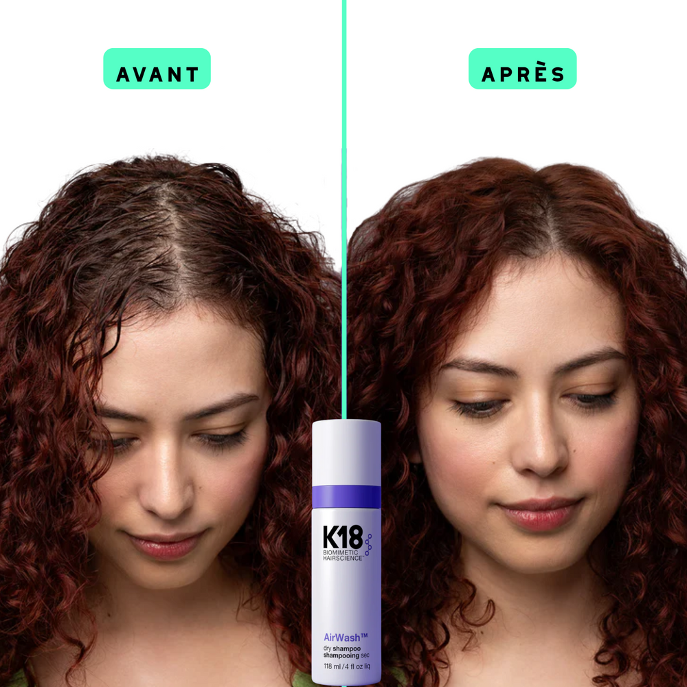 Flacon de 118 ml de K18 AirWash Dry Shampoo non aérosol, soin liquide rafraîchissant sans résidu.

