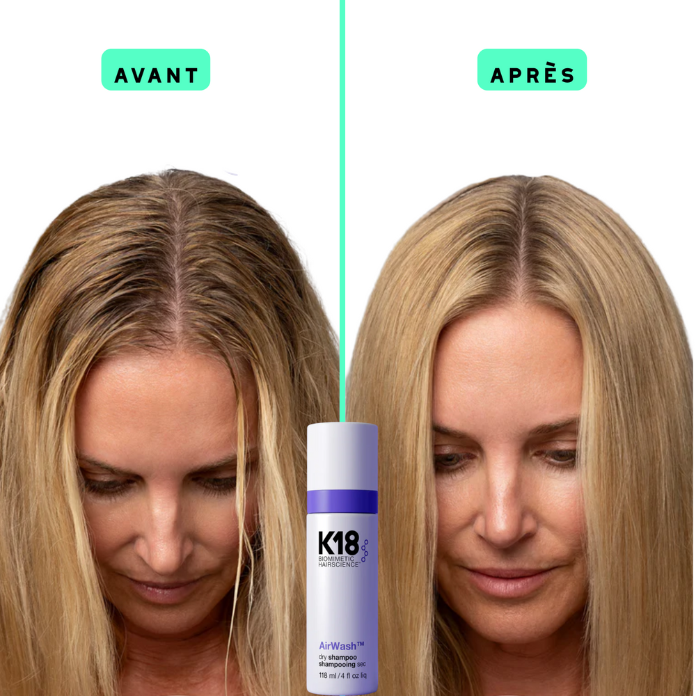 Flacon de 118 ml de K18 AirWash Dry Shampoo non aérosol, soin liquide rafraîchissant sans résidu.

