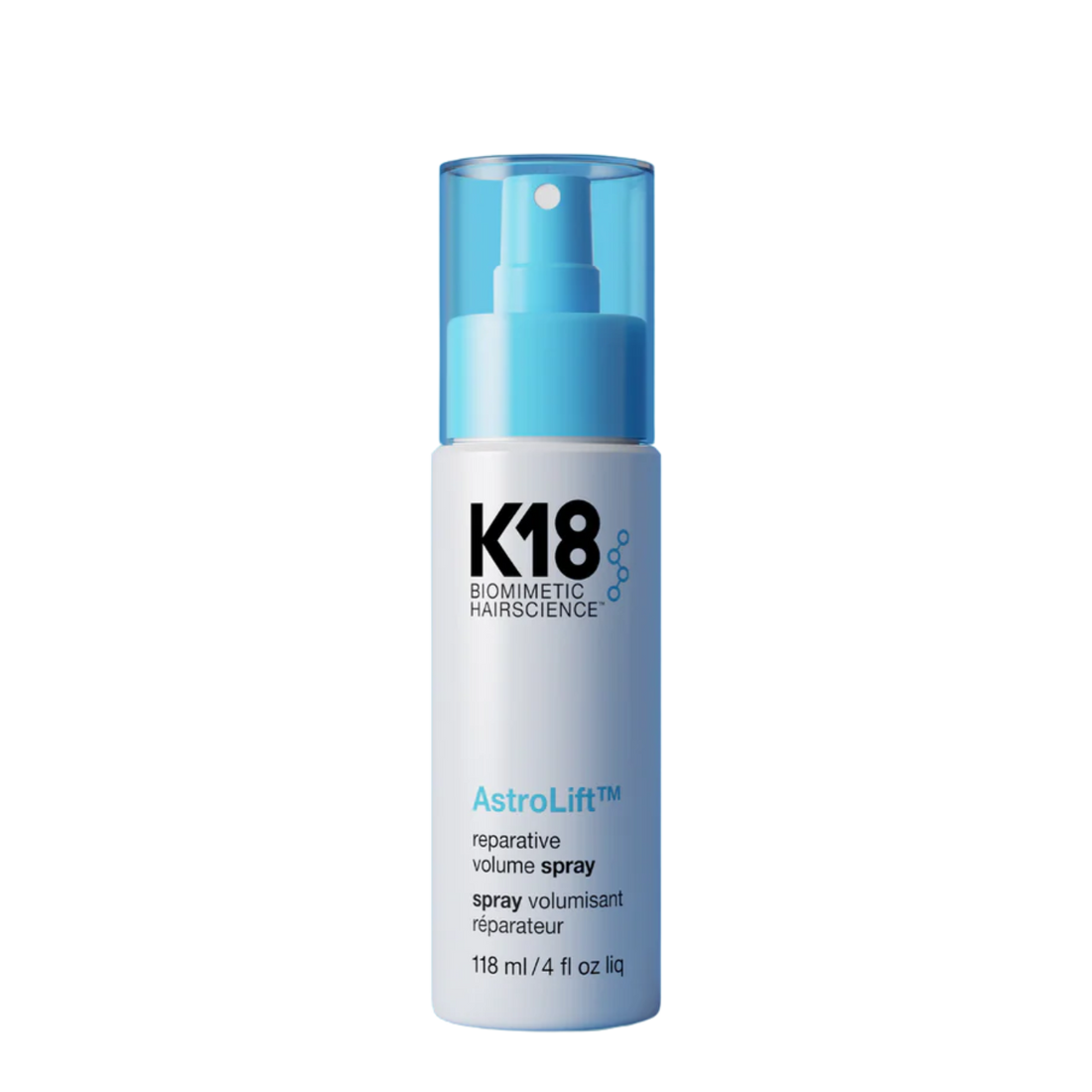 Spray volumisateur K18 AstroLift Reparative Volume 118 ml, flacon blanc et bleu, soin volumisant sans résidu.

