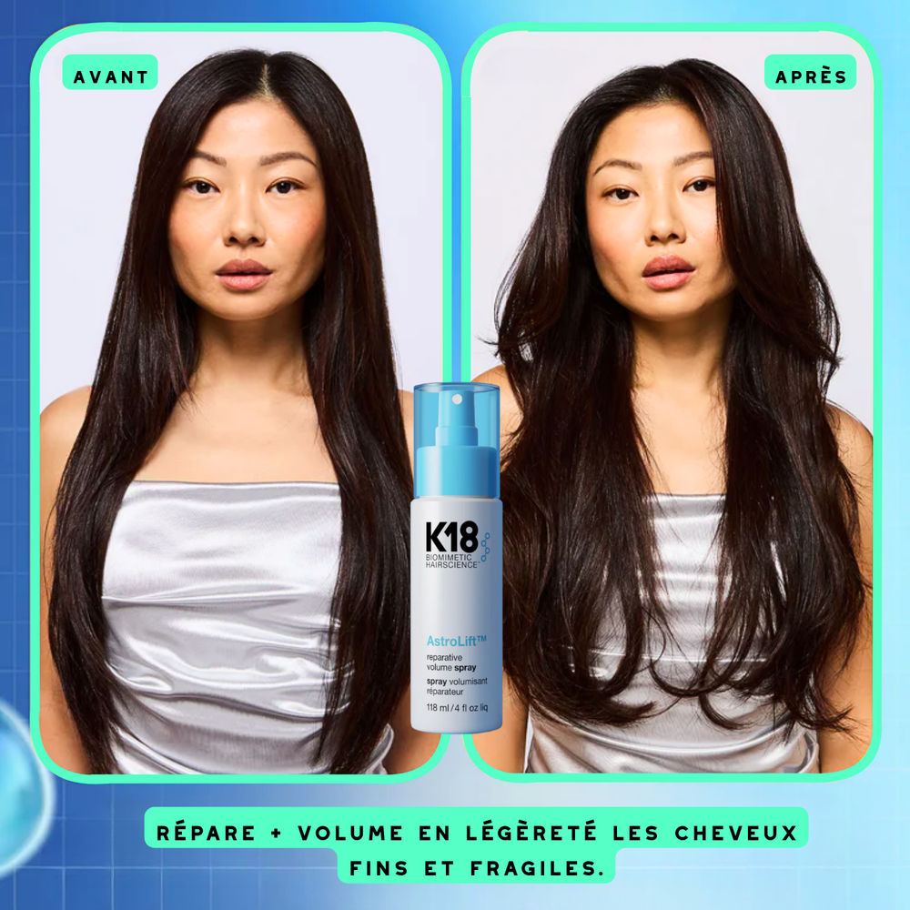 Spray volumisateur K18 AstroLift Reparative Volume 118 ml, flacon blanc et bleu, soin volumisant sans résidu.

