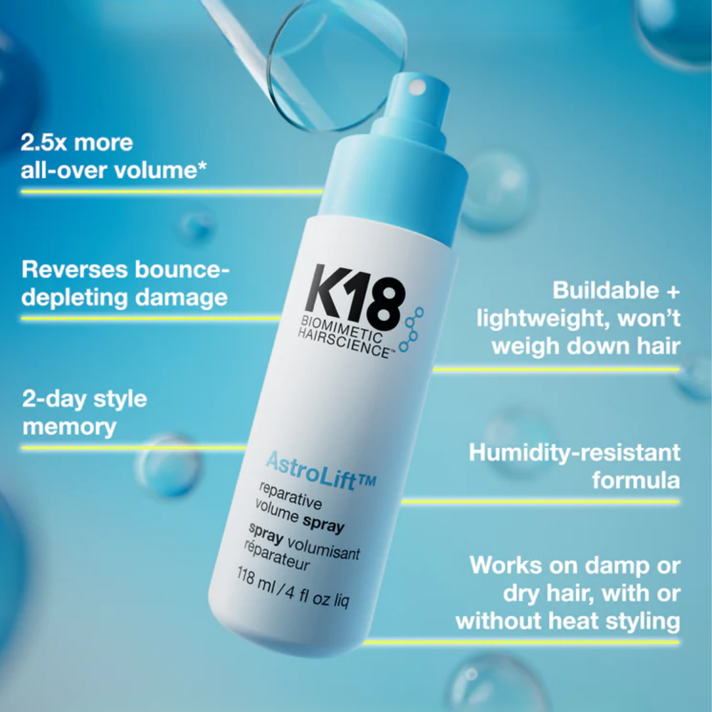 Spray volumisateur K18 AstroLift Reparative Volume 118 ml, flacon blanc et bleu, soin volumisant sans résidu.

