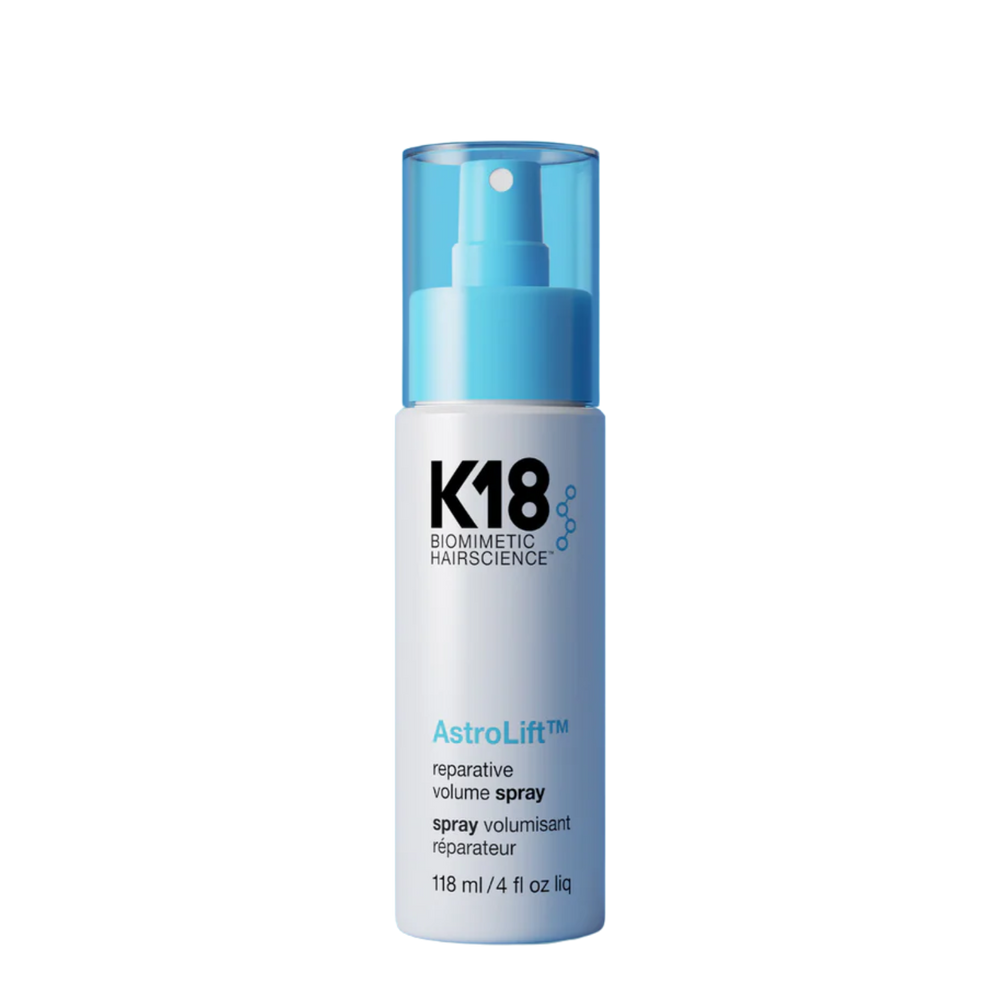 Spray volumisateur K18 AstroLift Reparative Volume 118 ml, flacon blanc et bleu, soin volumisant sans résidu.

