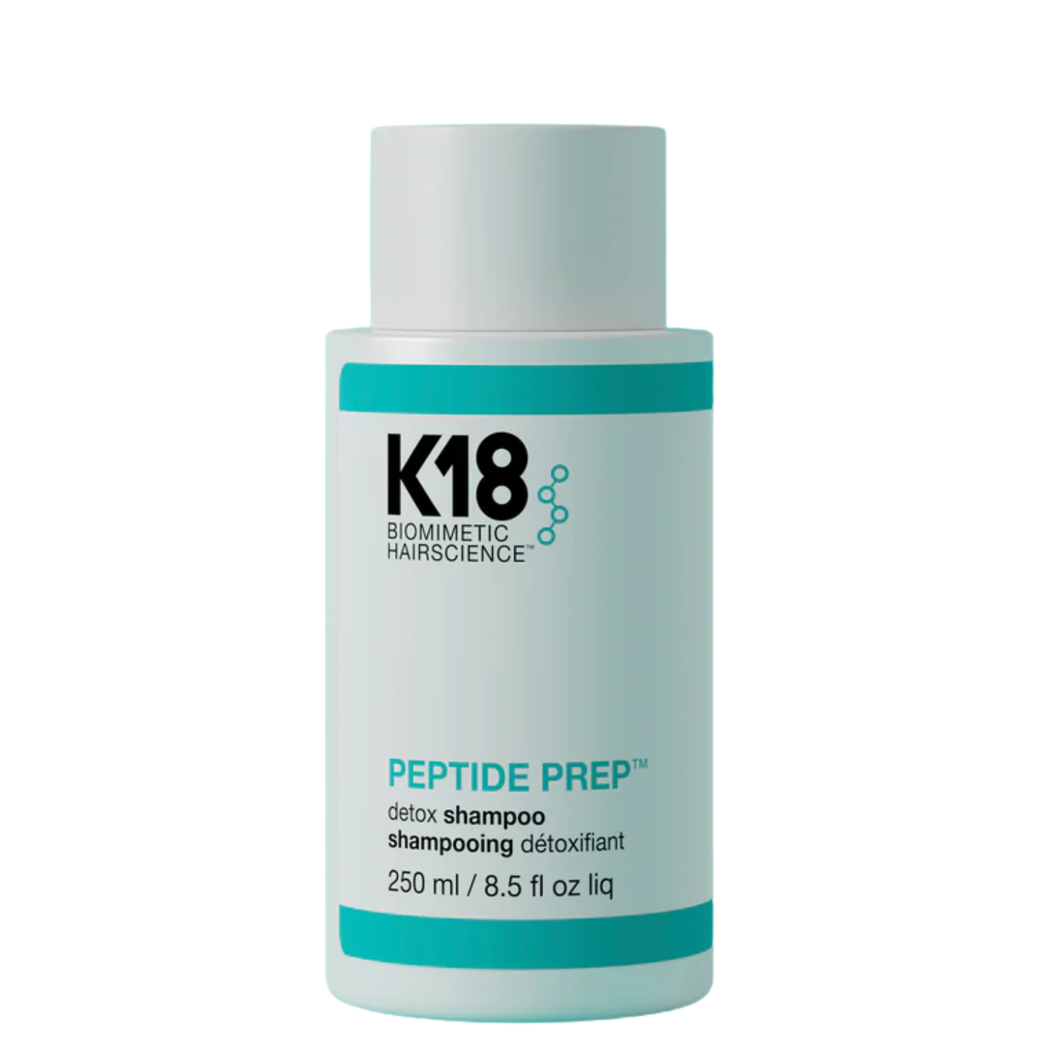 Flacon blanc du shampooing K18 Peptide Prep Detox 250 ml, soin clarifiant purifiant tous types de cheveux.

