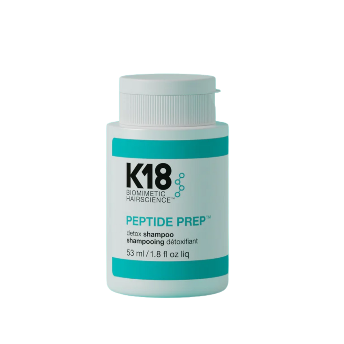 Flacon blanc du shampooing K18 Peptide Prep Detox 250 ml, soin clarifiant purifiant tous types de cheveux.

