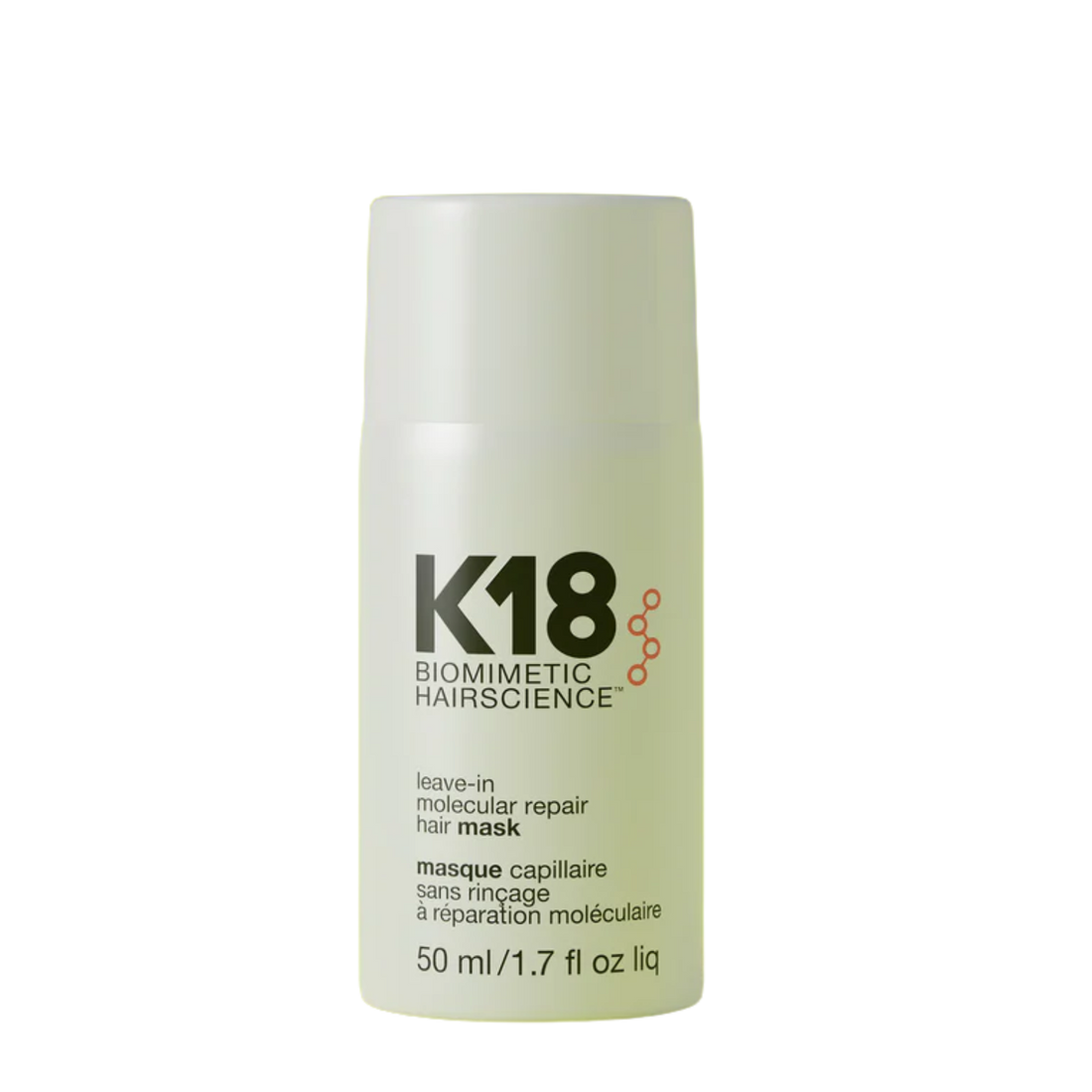 Pot élégant noir et doré du masque leave‑in molecular repair 50 ml K18, soin capillaire réparateur sans rinçage.

