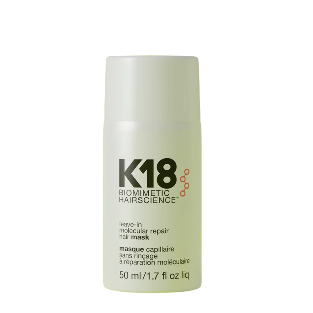 Pot élégant noir et doré du masque leave‑in molecular repair 50 ml K18, soin capillaire réparateur sans rinçage.

