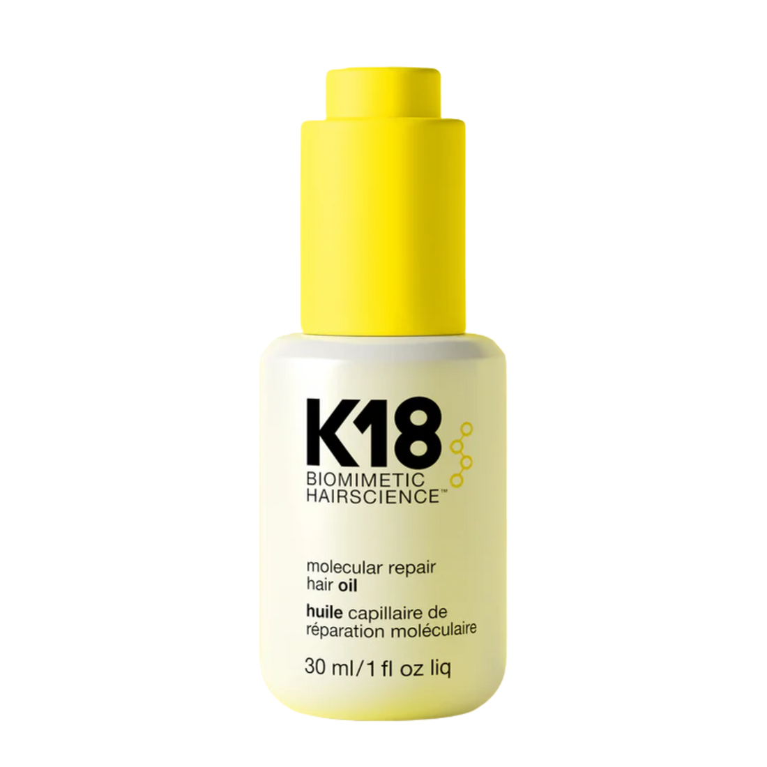Flacon élégant de l’huile réparatrice capillaire K18 Molecular Repair 30 ml, soin léger anti-frisottis et thermoprotecteur.