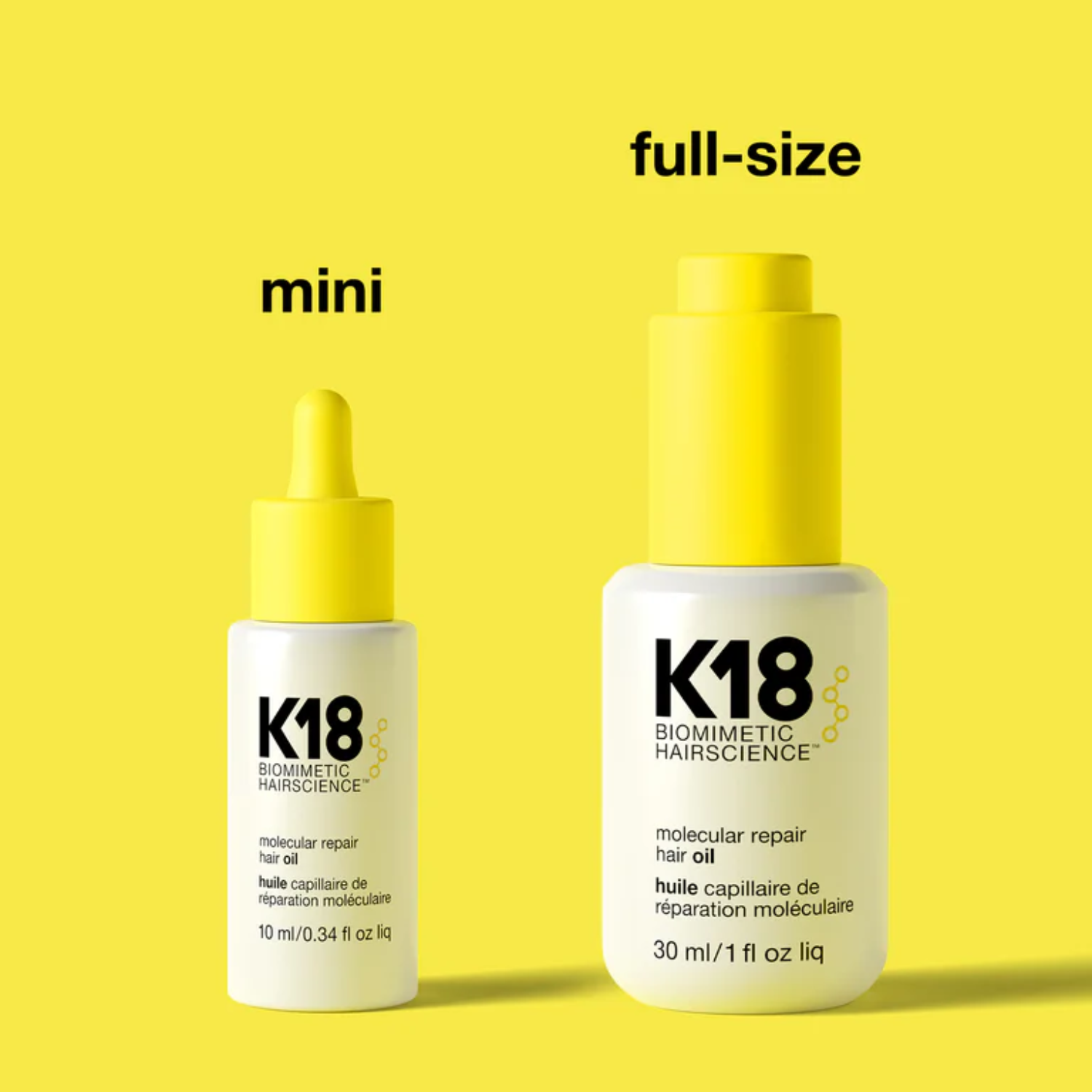 Flacon élégant de l’huile réparatrice capillaire K18 Molecular Repair 30 ml, soin léger anti-frisottis et thermoprotecteur.

