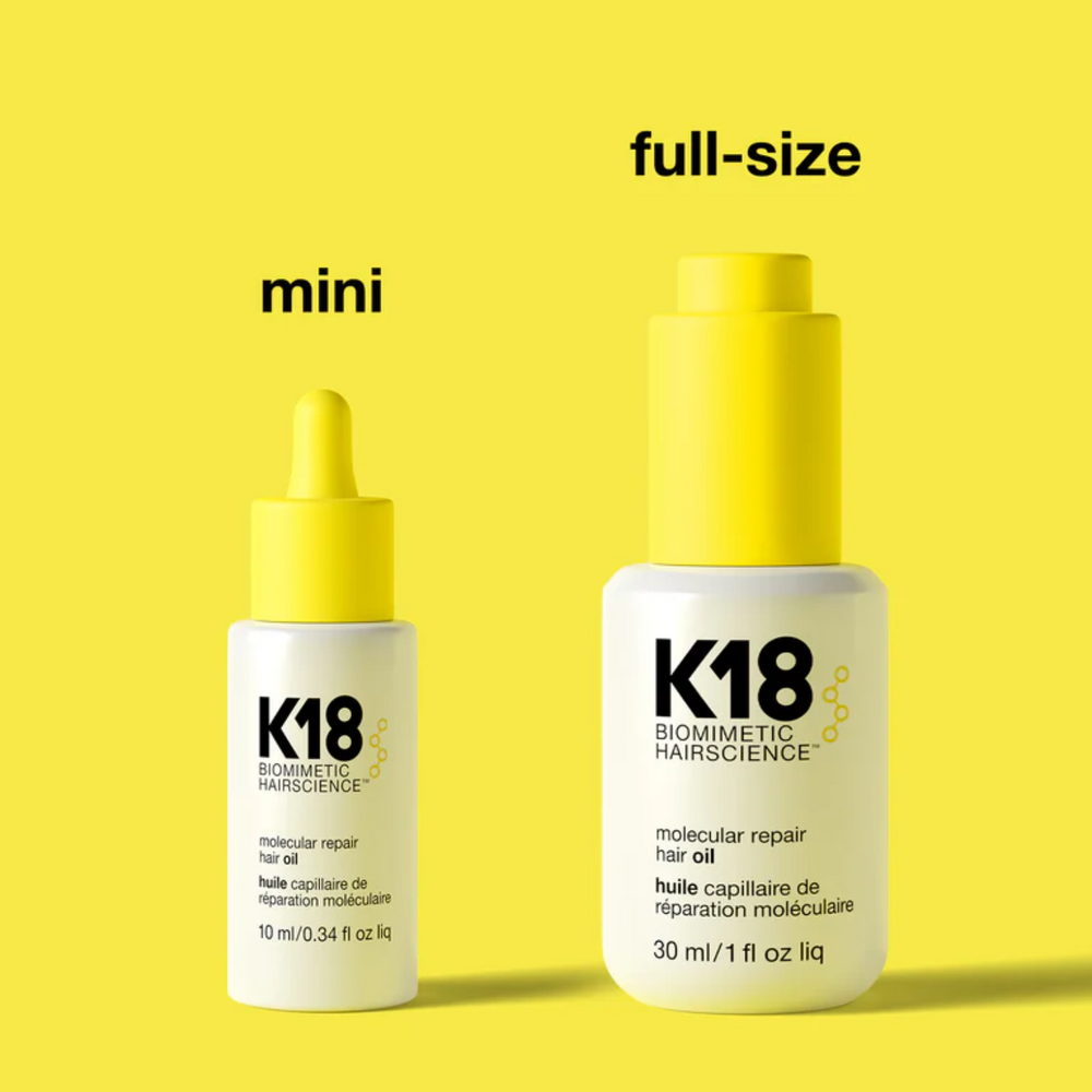 Flacon élégant de l’huile réparatrice capillaire K18 Molecular Repair 30 ml, soin léger anti-frisottis et thermoprotecteur.

