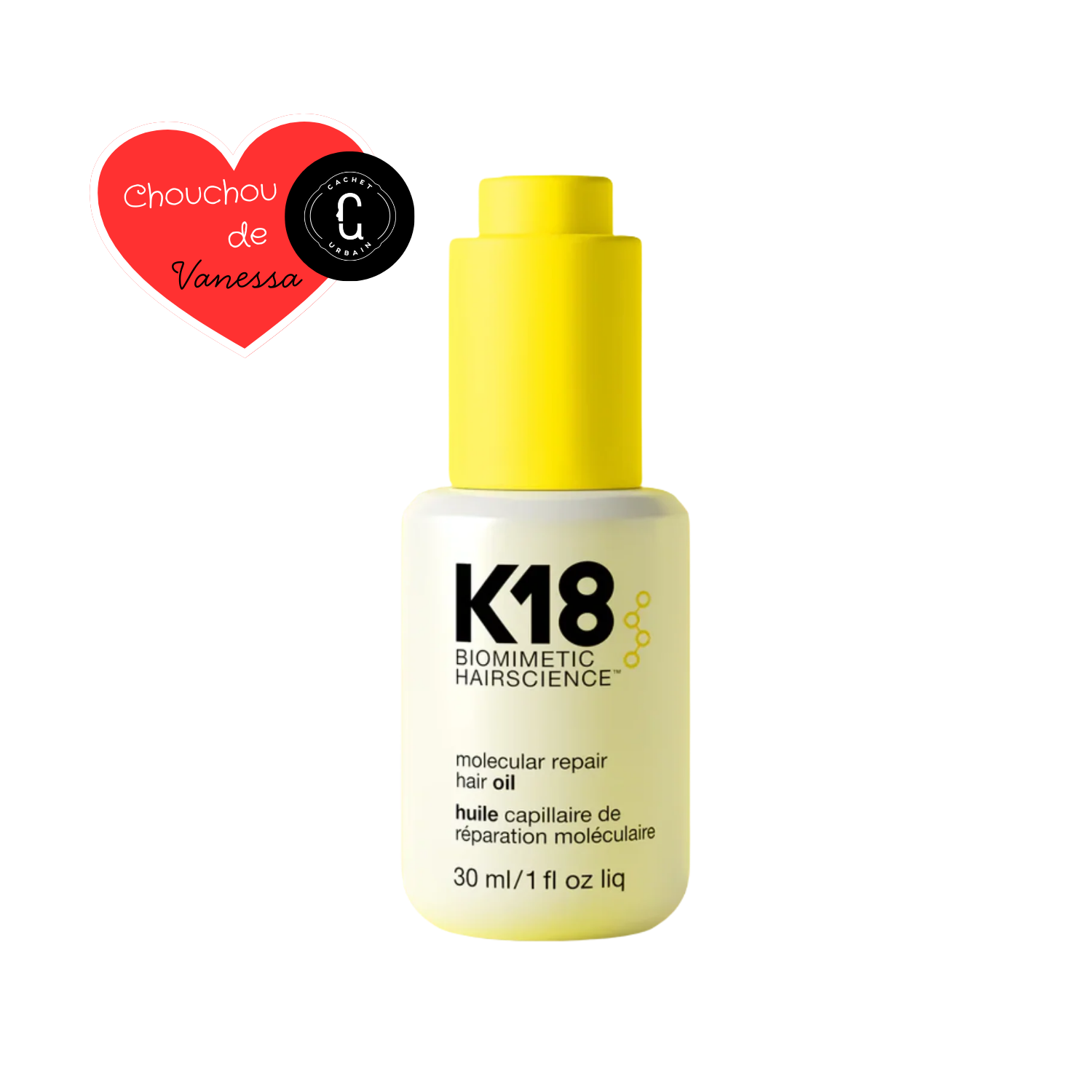 Flacon élégant de l’huile réparatrice capillaire K18 Molecular Repair 30 ml, soin léger anti-frisottis et thermoprotecteur.