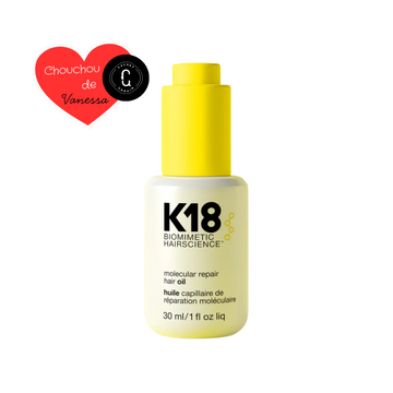 Flacon élégant de l’huile réparatrice capillaire K18 Molecular Repair 30 ml, soin léger anti-frisottis et thermoprotecteur.
