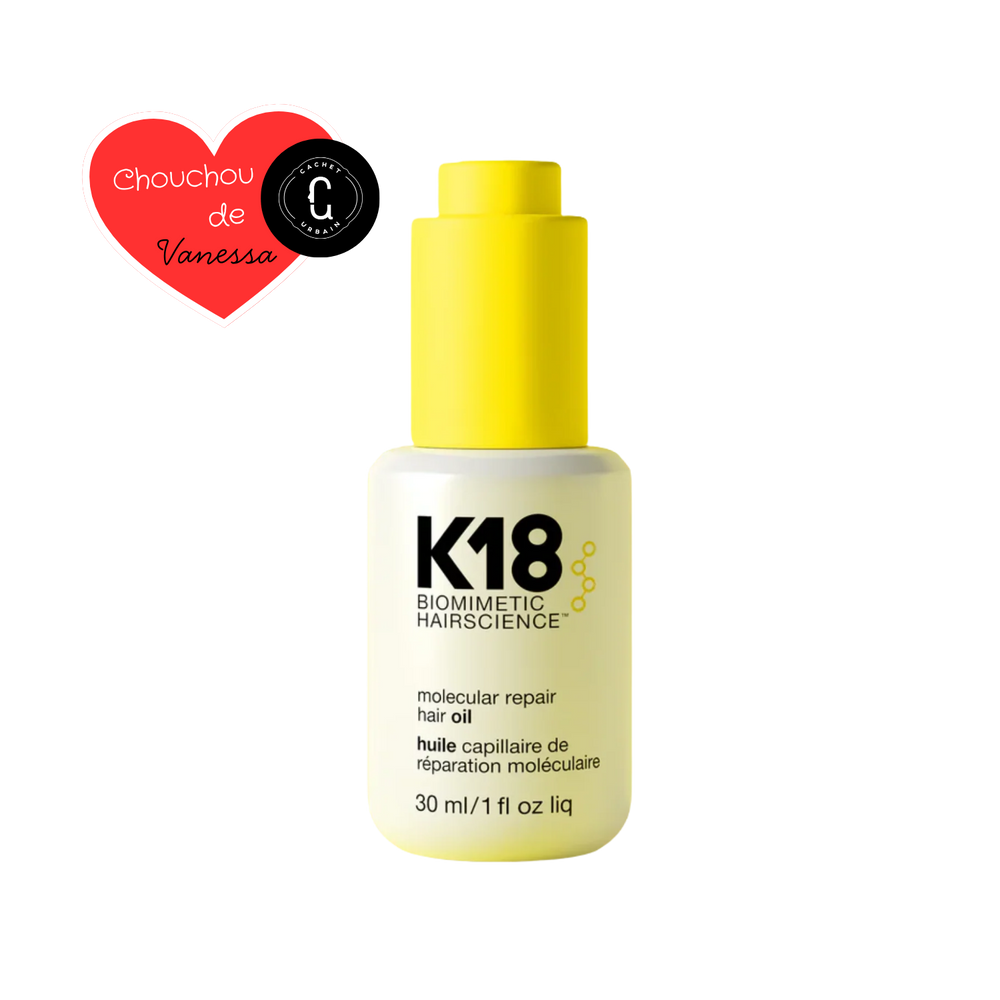 Flacon élégant de l’huile réparatrice capillaire K18 Molecular Repair 30 ml, soin léger anti-frisottis et thermoprotecteur.