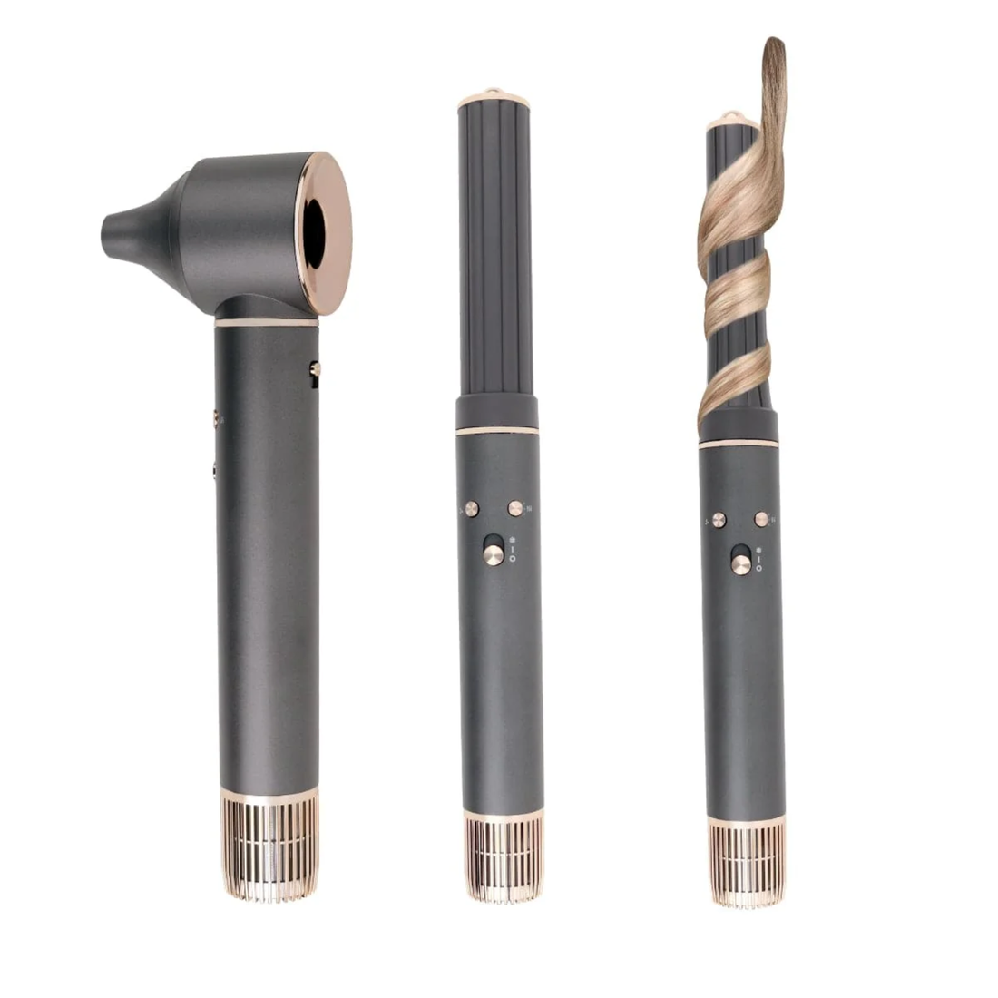 Kit de lissage Airstyler – Argent d'Aria Beauty avec barils de 30 mm et 40 mm, accessoire sèche-cheveux et buse de concentration.
