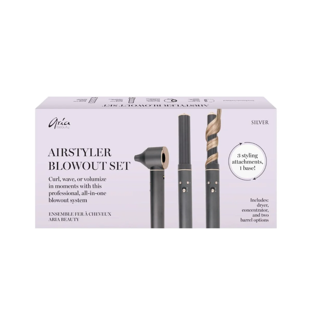 Kit de lissage Airstyler – Argent d'Aria Beauty avec barils de 30 mm et 40 mm, accessoire sèche-cheveux et buse de concentration.