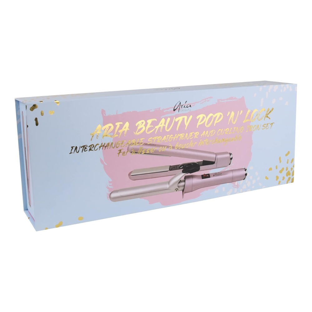 Kit Aria Beauty Pop ’N Lock lisseur et fer à friser interchangeables – noir doré