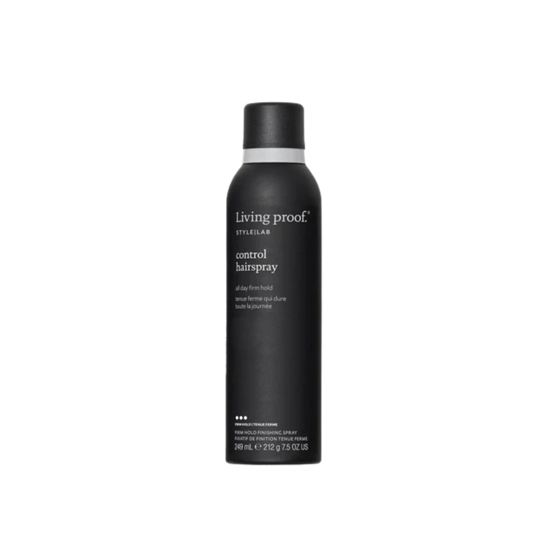 Flacon noir mat de la laque Style Lab Control Hairspray de Living Proof posé sur fond sombre, illustrant finition nette, tenue contrôlée et effet soyeux.

