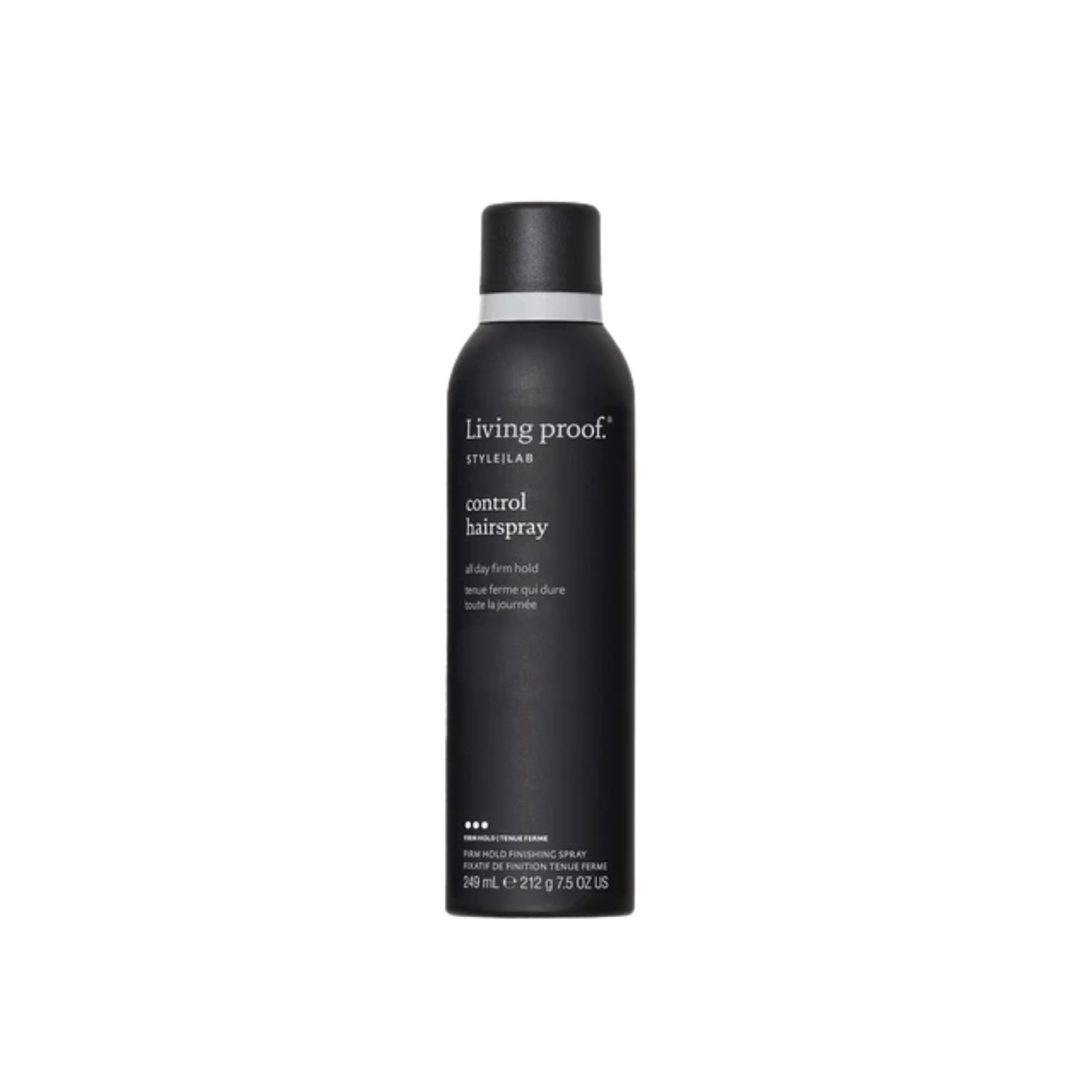 Flacon noir mat de la laque Style Lab Control Hairspray de Living Proof posé sur fond sombre, illustrant finition nette, tenue contrôlée et effet soyeux.

