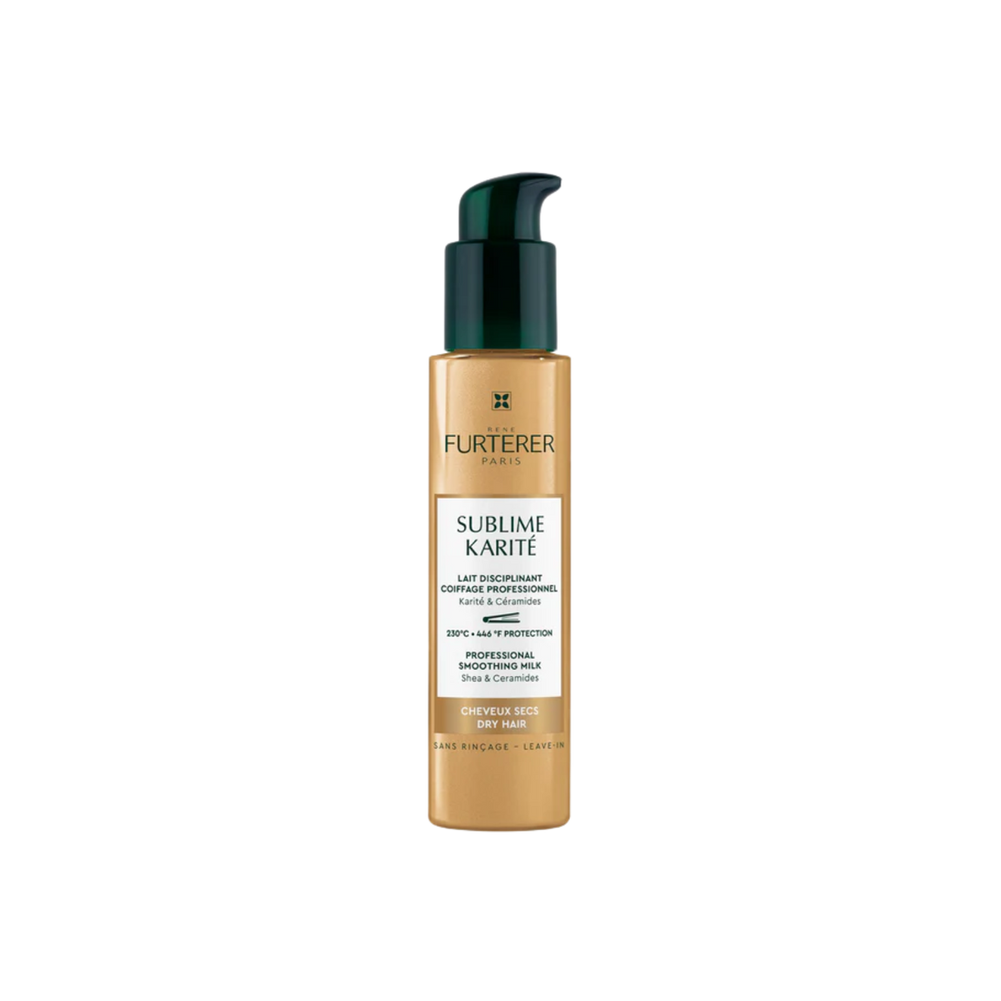 Flacon de Lait Disciplinant Coiffage Professionnel Sublime Karité René Furterer, 100 ml, pour cheveux secs, offrant hydratation, discipline et protection thermique jusqu'à 230 °C.

