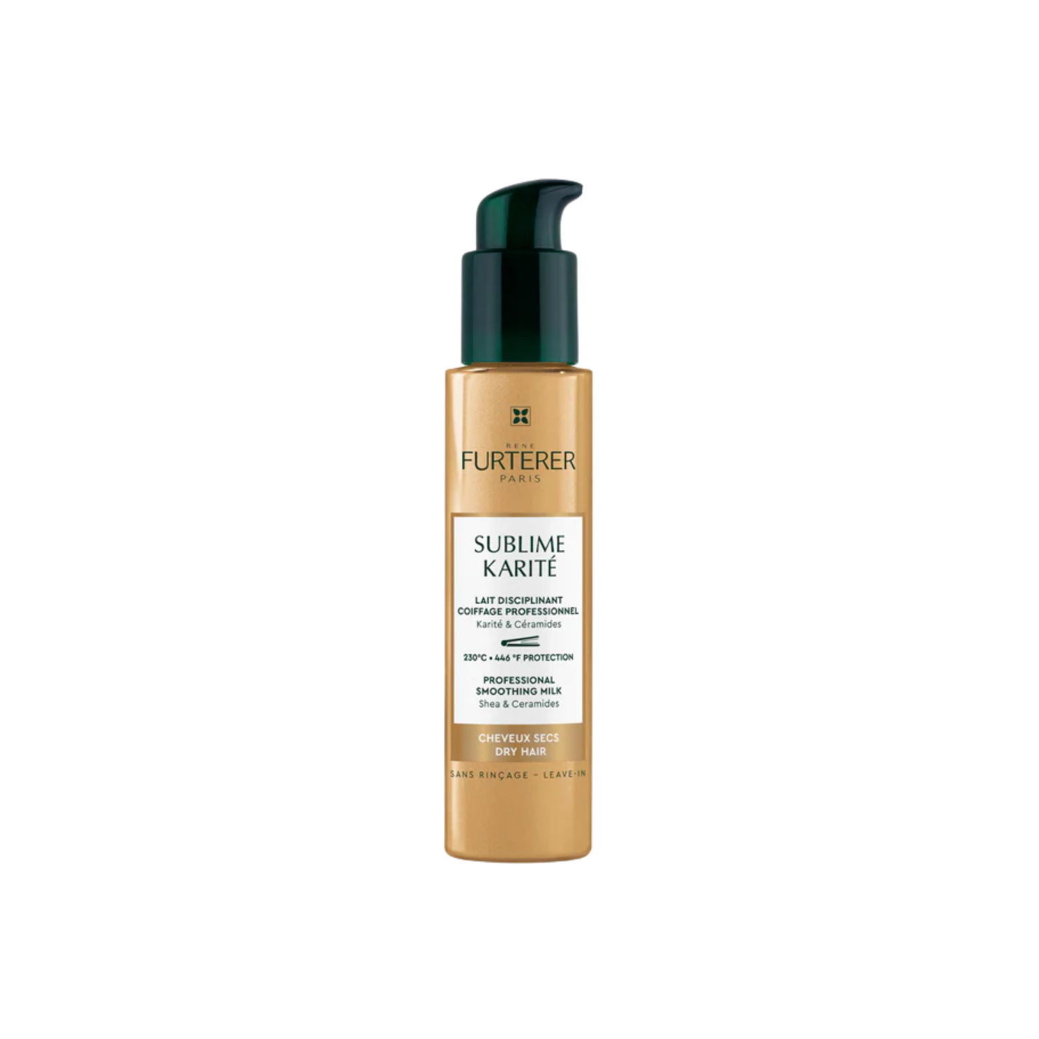 Flacon de Lait Disciplinant Coiffage Professionnel Sublime Karité René Furterer, 100 ml, pour cheveux secs, offrant hydratation, discipline et protection thermique jusqu'à 230 °C.

