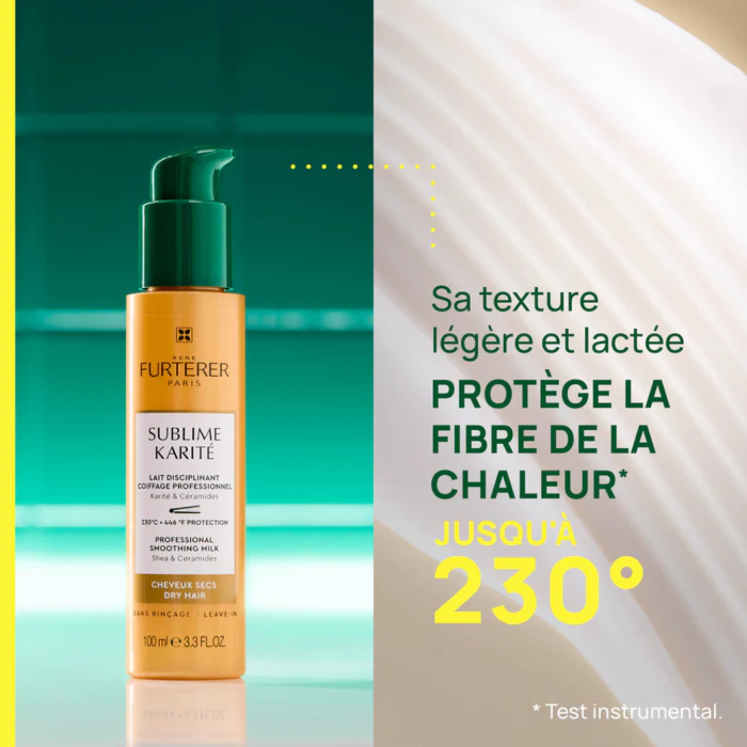 Flacon de Lait Disciplinant Coiffage Professionnel Sublime Karité René Furterer, 100 ml, pour cheveux secs, offrant hydratation, discipline et protection thermique jusqu'à 230 °C.

