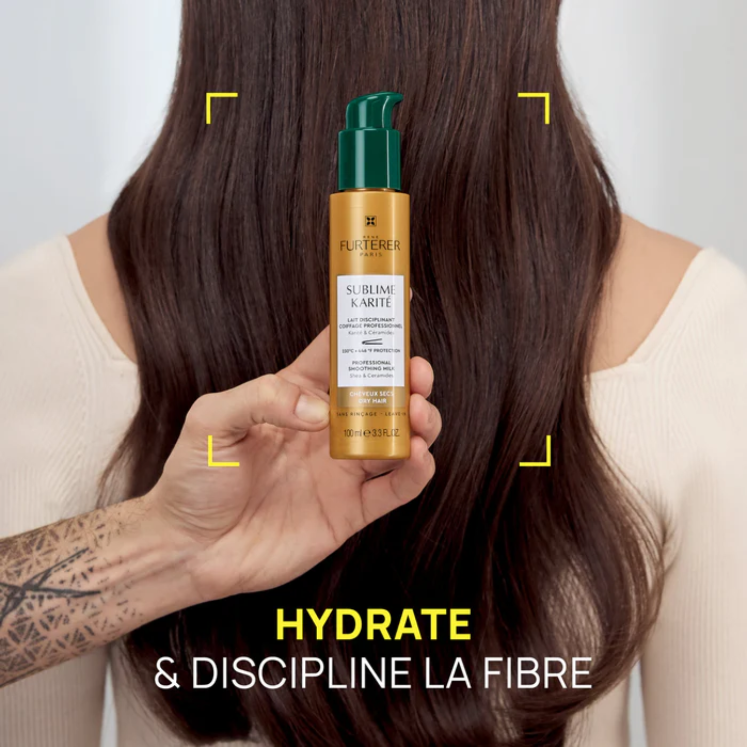 Flacon de Lait Disciplinant Coiffage Professionnel Sublime Karité René Furterer, 100 ml, pour cheveux secs, offrant hydratation, discipline et protection thermique jusqu'à 230 °C.

