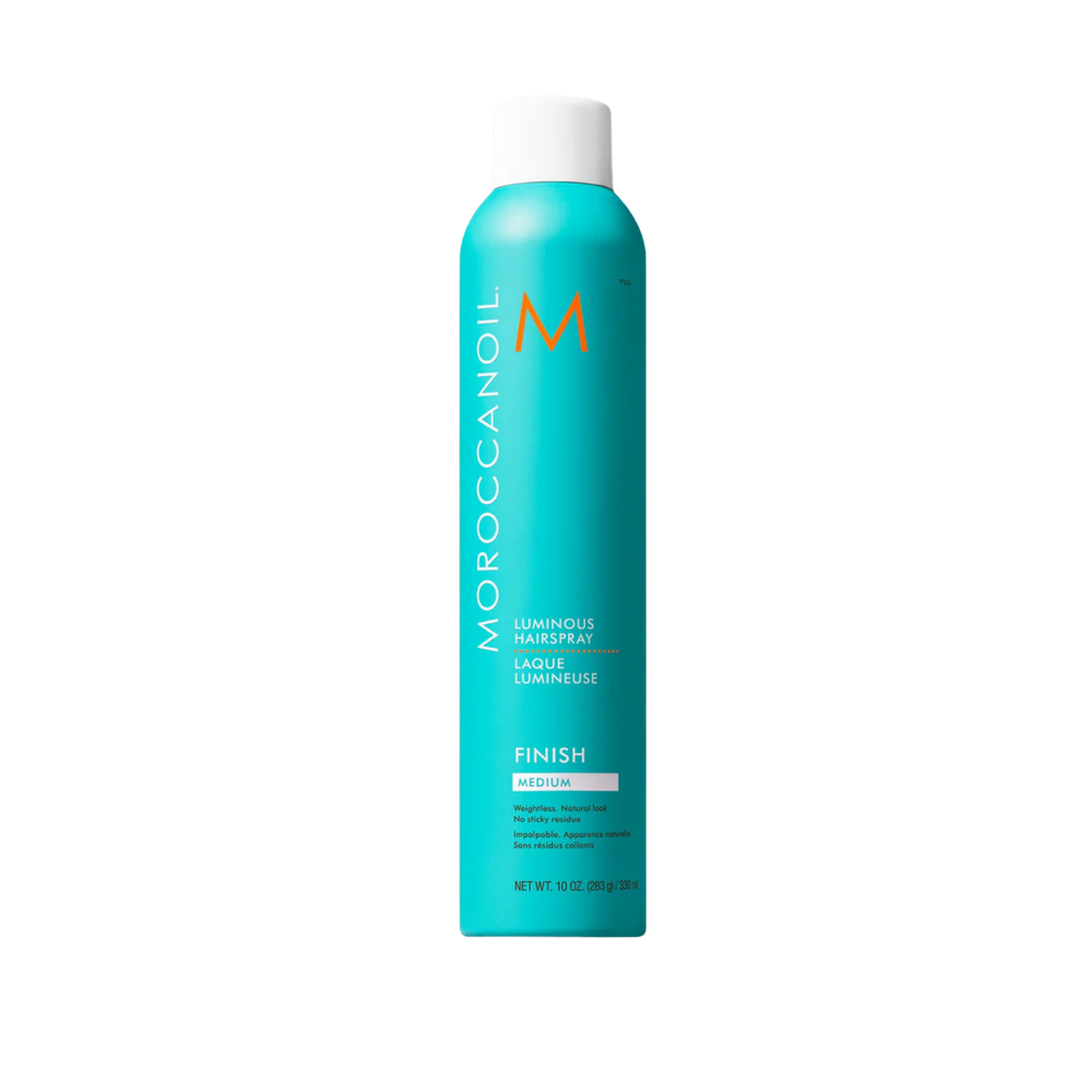 Aérosol Moroccanoil Luminous Hairspray Medium, laque coiffante tenue moyenne pour finition brillante et souple sans résidu

