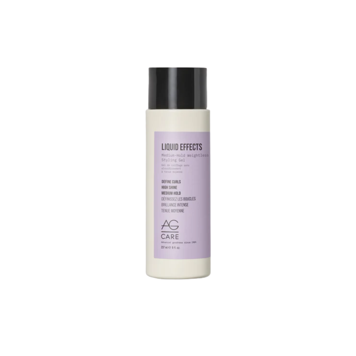 Flacon AG Care Liquid Effects Styling Gel sur fond neutre, cheveux bouclés définis en arrière-plan