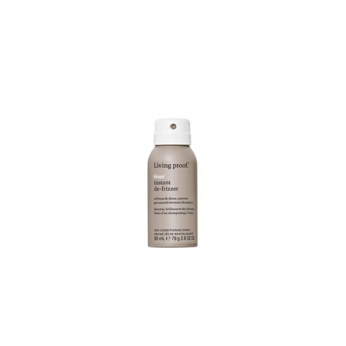 Spray capillaire Living Proof No Frizz Instant De-Frizzer anti-frisottis pour cheveux lisses et brillants.