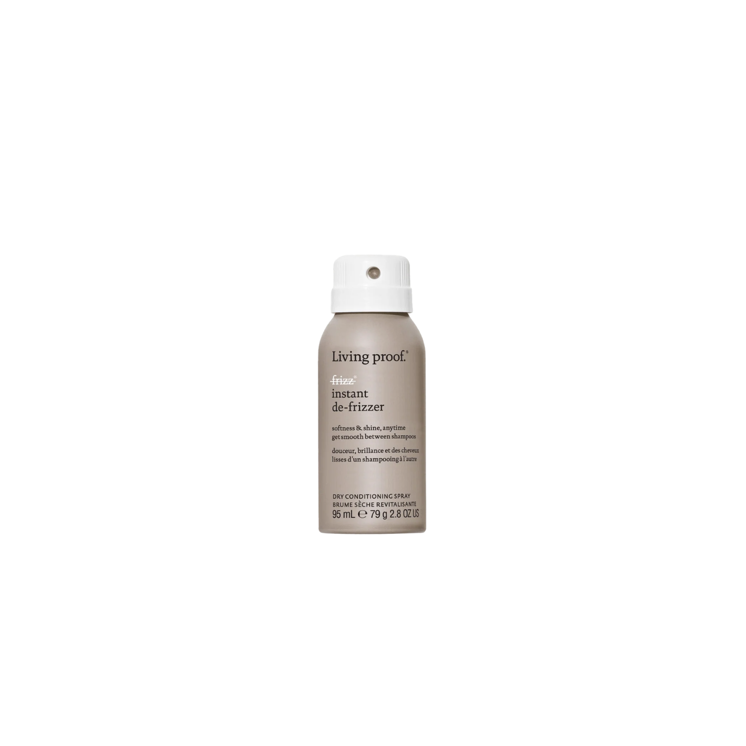 Spray capillaire Living Proof No Frizz Instant De-Frizzer anti-frisottis pour cheveux lisses et brillants.
