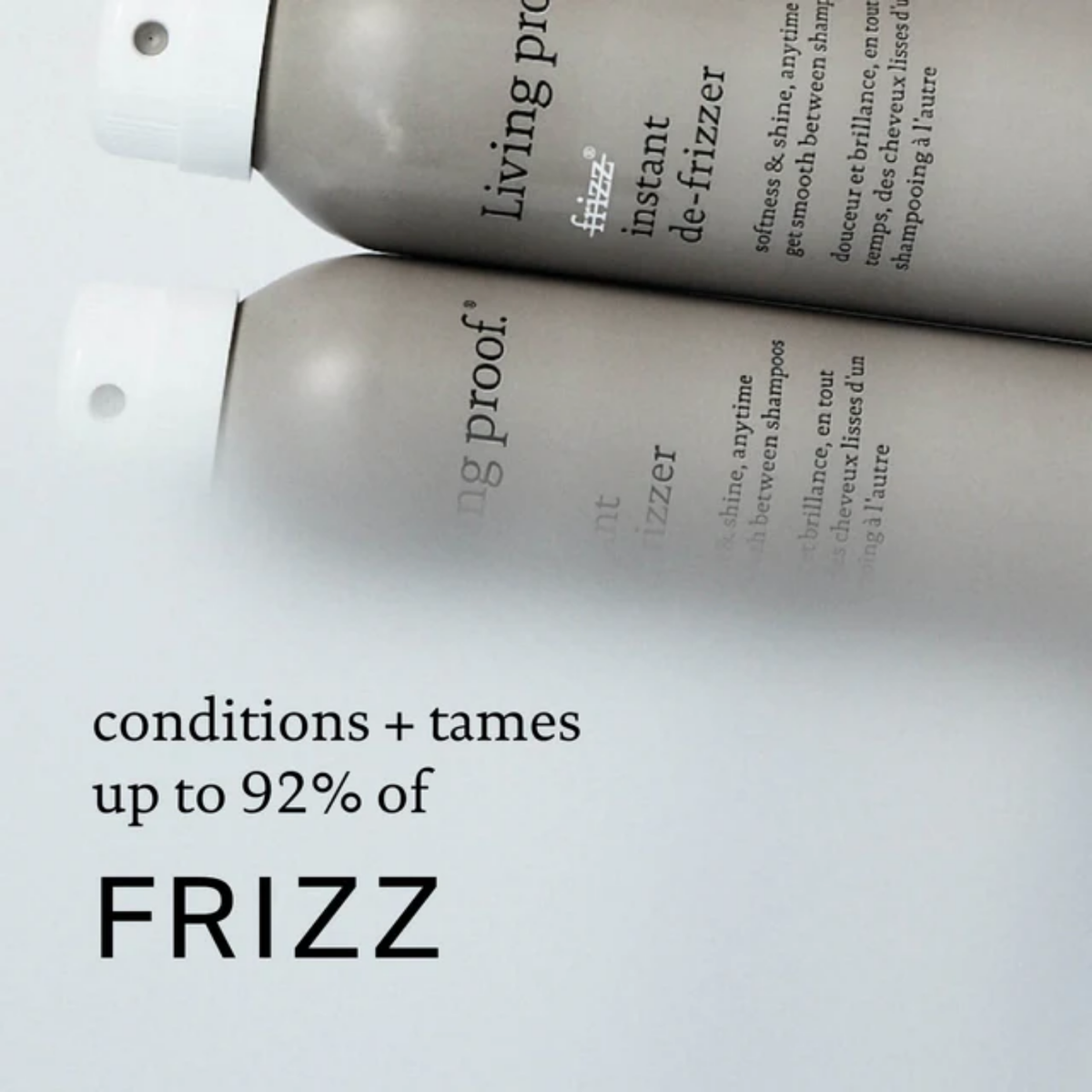 Spray capillaire Living Proof No Frizz Instant De-Frizzer anti-frisottis pour cheveux lisses et brillants.