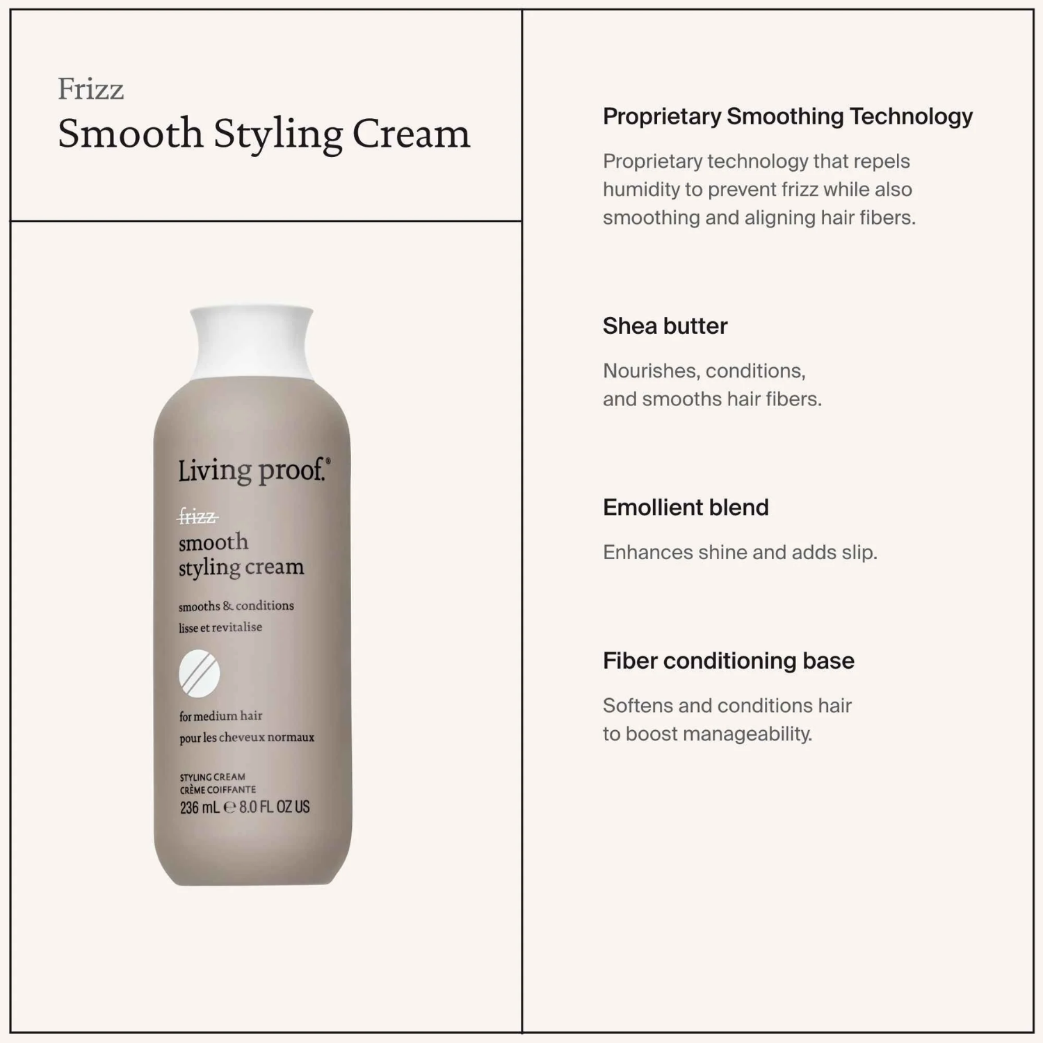 Living Proof No Frizz Smooth Styling Cream crème coiffante anti-frisottis pour cheveux lisses et brillants.