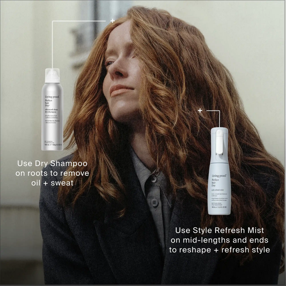 Living Proof Perfect Hair Day Style Refresh Mist brume coiffante rafraîchissante pour restyler les cheveux et protéger de la chaleur entre les lavages.
