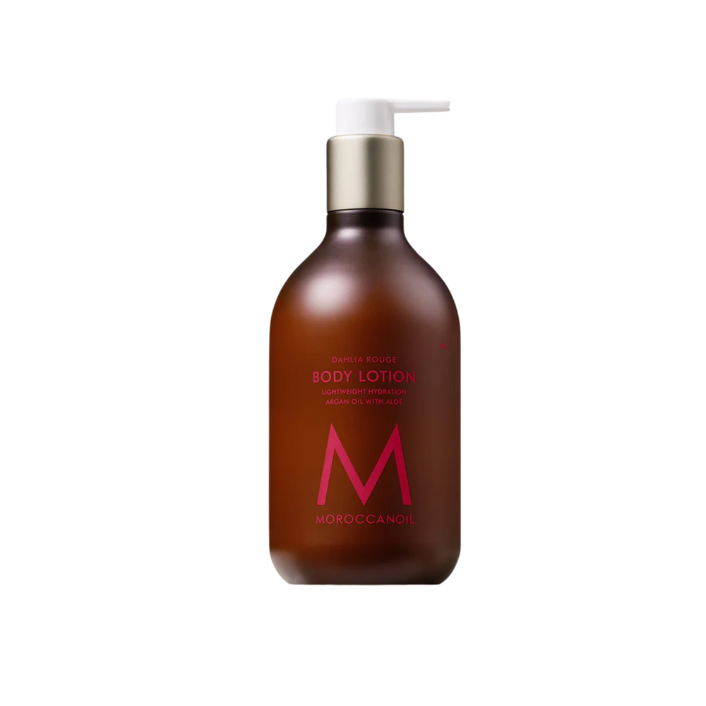 Flacon de lotion corporelle Moroccanoil Dahlia Rouge parfum floral bois musqué

