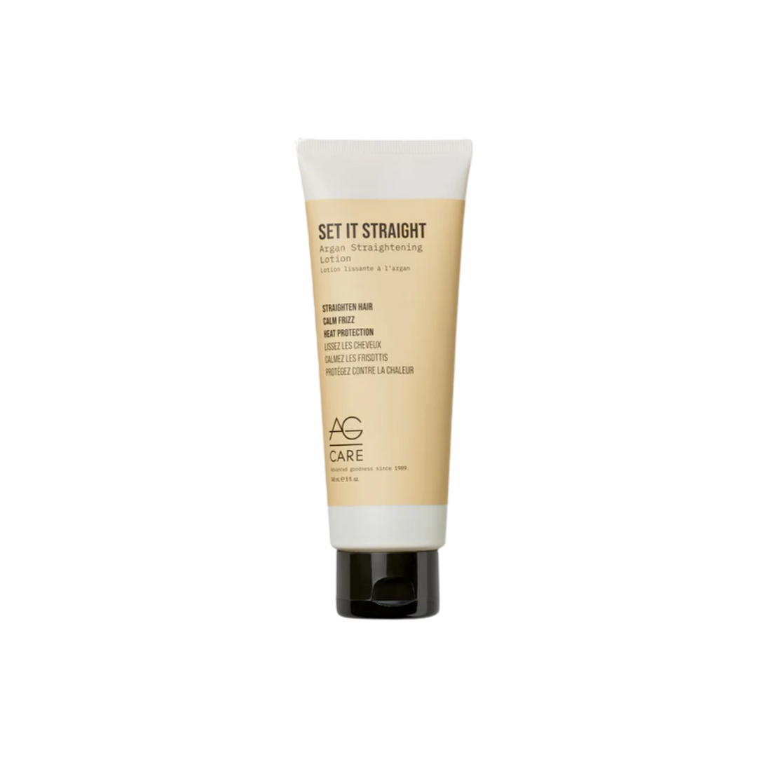 Flacon de lotion lissante AG Care Set It Straight 148 ml posé sur fond blanc