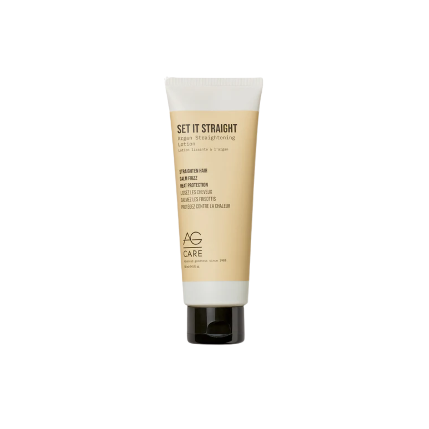 Flacon de lotion lissante AG Care Set It Straight 148 ml posé sur fond blanc