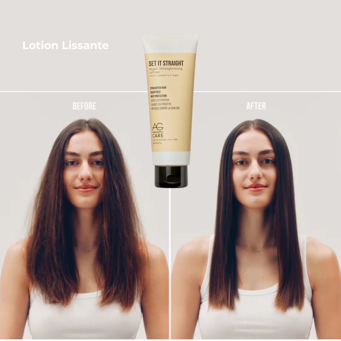 Flacon de lotion lissante AG Care Set It Straight 148 ml posé sur fond blanc