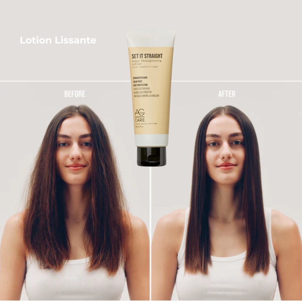 Flacon de lotion lissante AG Care Set It Straight 148 ml posé sur fond blanc