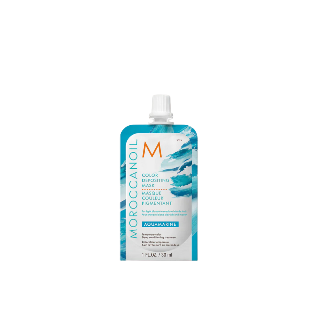 Pot du Masque Aquamarine Moroccanoil : crème capillaire bleu vibrant pour blond clair à mi‑blond, soin colorant temporaire et hydratant.


