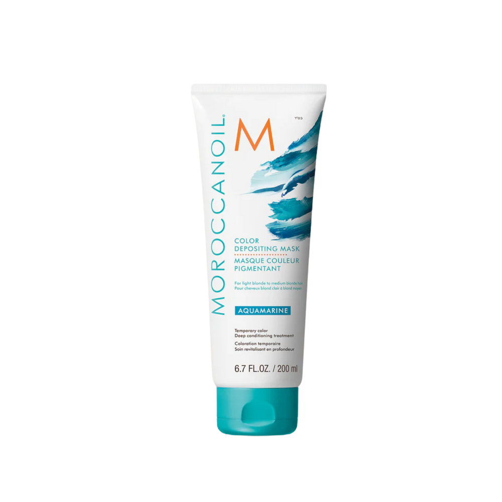 Pot du Masque Aquamarine Moroccanoil : crème capillaire bleu vibrant pour blond clair à mi‑blond, soin colorant temporaire et hydratant.

