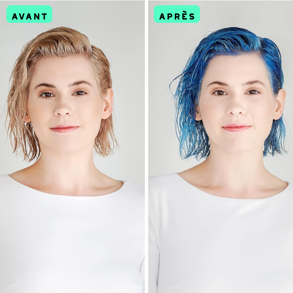 Pot du Masque Aquamarine Moroccanoil : crème capillaire bleu vibrant pour blond clair à mi‑blond, soin colorant temporaire et hydratant.

