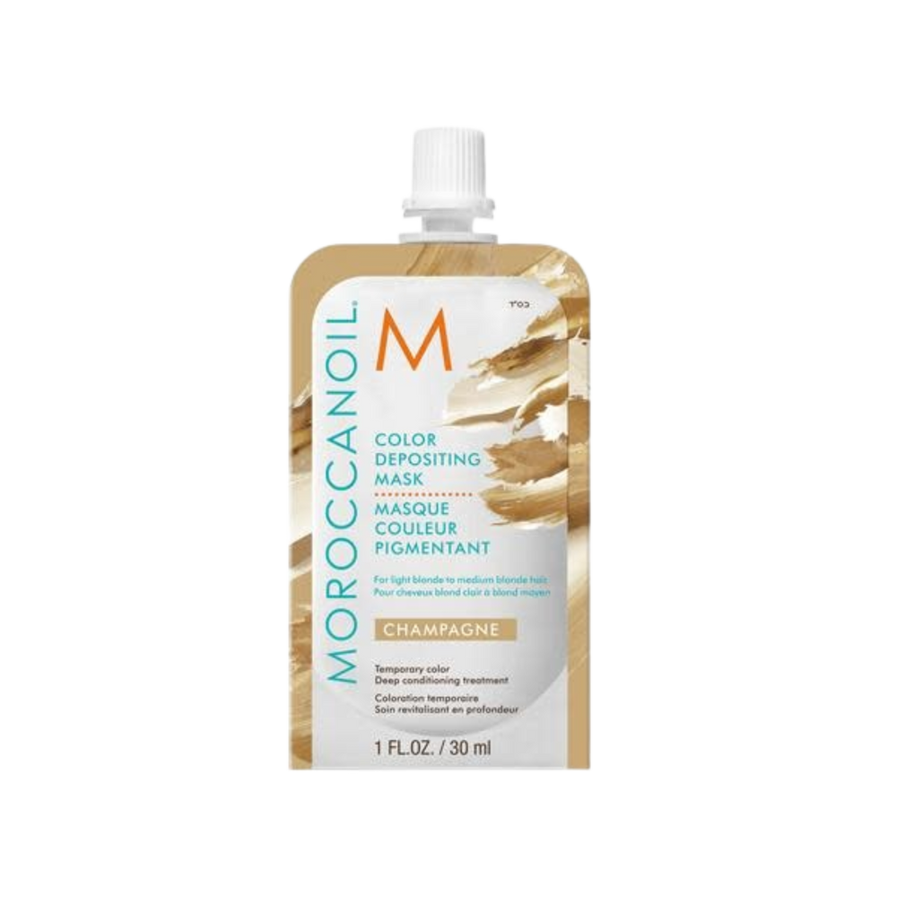 Pot du Masque Champagne Moroccanoil, crème capillaire blond doré pour cheveux blonds clairs à moyens, couleur temporaire et soin nourrissant

