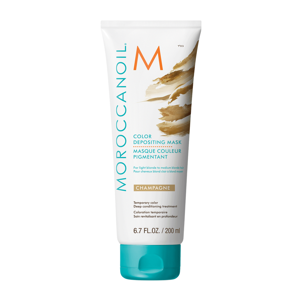 Pot du Masque Champagne Moroccanoil, crème capillaire blond doré pour cheveux blonds clairs à moyens, couleur temporaire et soin nourrissant

