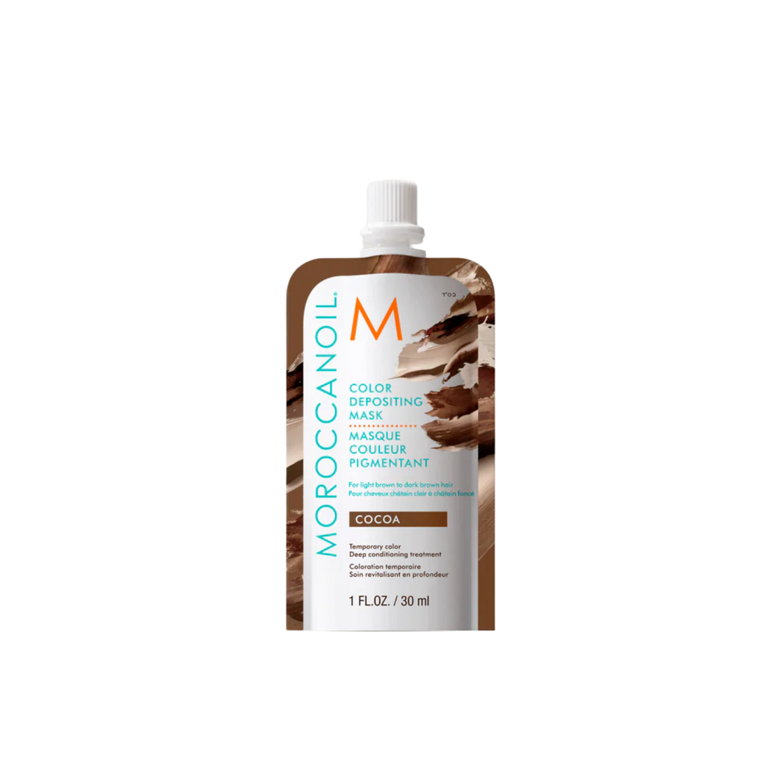 Pot du masque Moroccanoil Cocoa Color Depositing Mask brun chocolat pour soin capillaire nourrissant et coloration temporaire.

