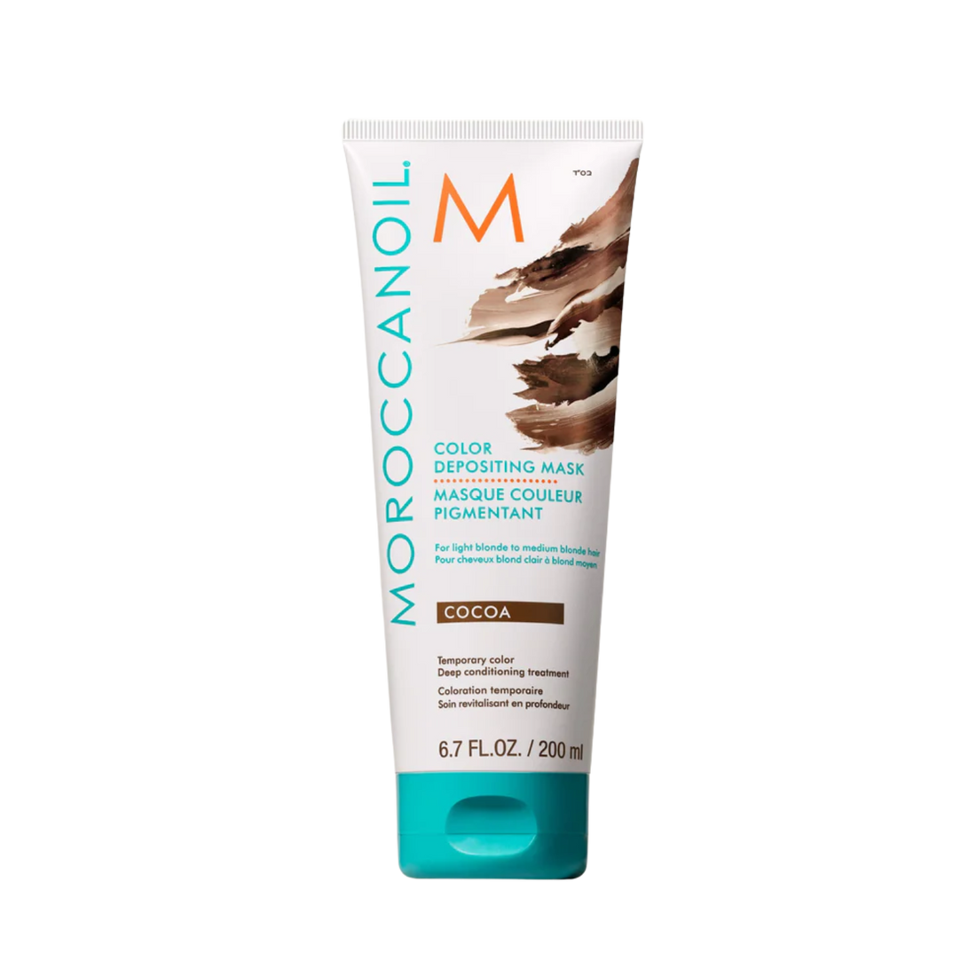 Pot du masque Moroccanoil Cocoa Color Depositing Mask brun chocolat pour soin capillaire nourrissant et coloration temporaire.

