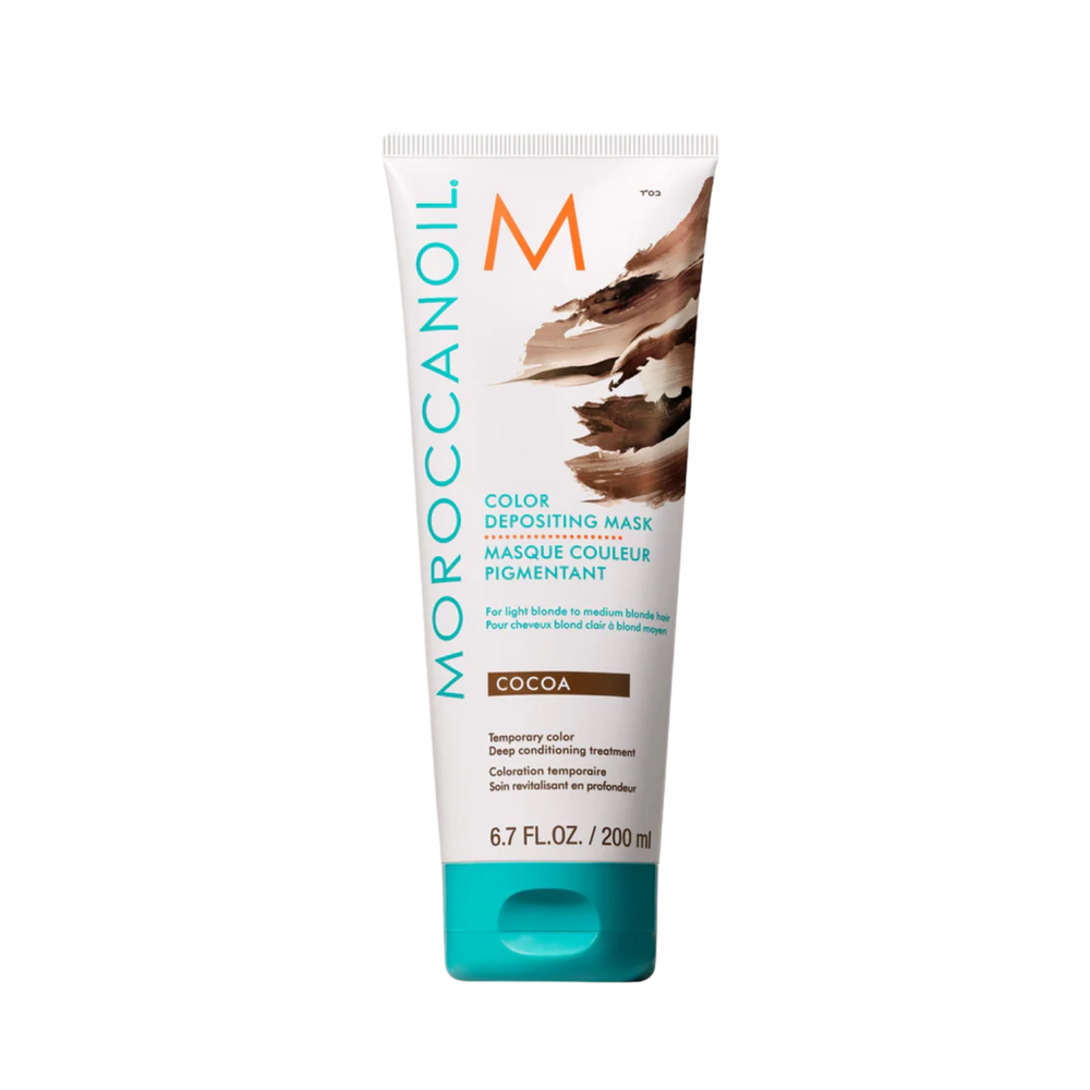 Pot du masque Moroccanoil Cocoa Color Depositing Mask brun chocolat pour soin capillaire nourrissant et coloration temporaire.

