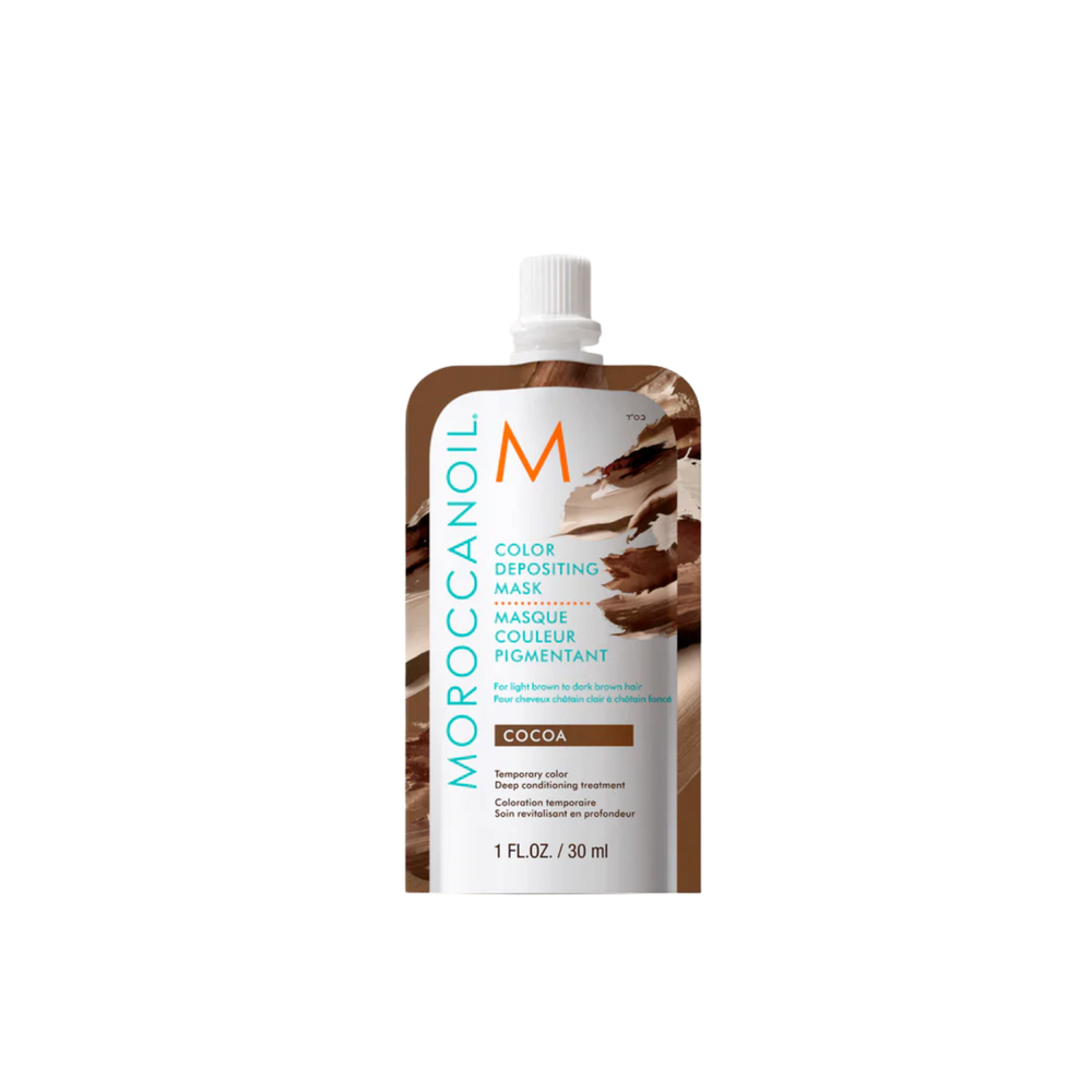 Pot du masque Moroccanoil Cocoa Color Depositing Mask brun chocolat pour soin capillaire nourrissant et coloration temporaire.

