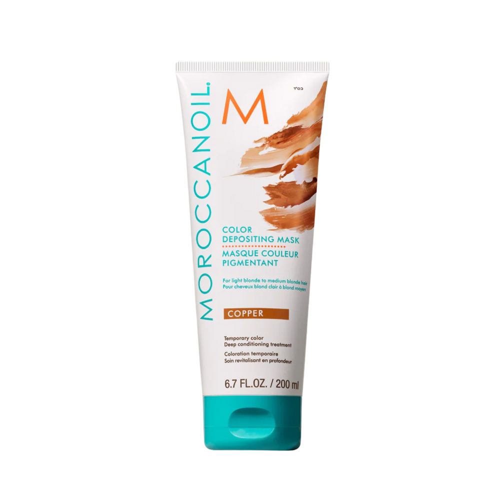 Pot de Masque Cuivre Moroccanoil Dépôt de Couleur : soin capillaire temporaire cuivré pour cheveux châtains à blonds foncés.

