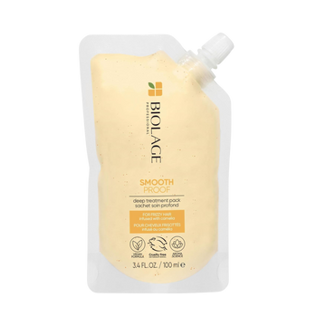 Masque Biolage SmoothProof : traitement intensif au camélia qui dompte les frisottis, hydrate, lisse et protège des cassures dès 3‑5 min. Végan & sans parabènes.