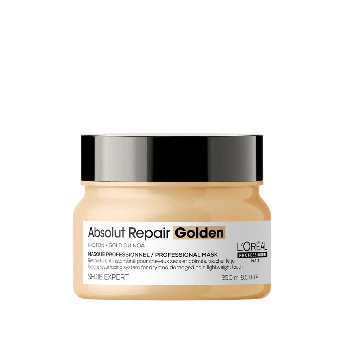 Masque Doré Resurfaçant Absolut Repair L'Oréal Professionnel 250 ml sur fond blanc

